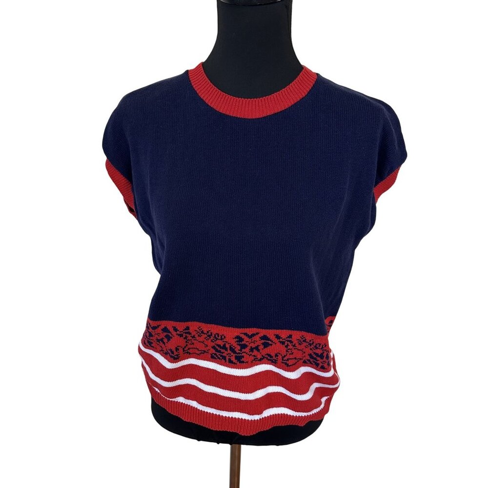 Vtg British Vogue Sleeveless Knit Sweater Navy & Red Striped Cotton Womens 80s